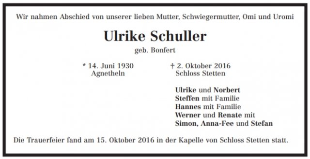 Bonfert Ulrike 1930-2016 Todesanzeige